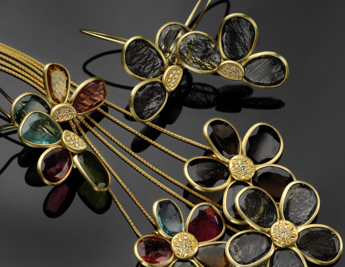 קולקציית פרחי אביב - תכשיטי זהב 14 קראט סמוקי קוורץ, רוטיל קוורץ ויהלום