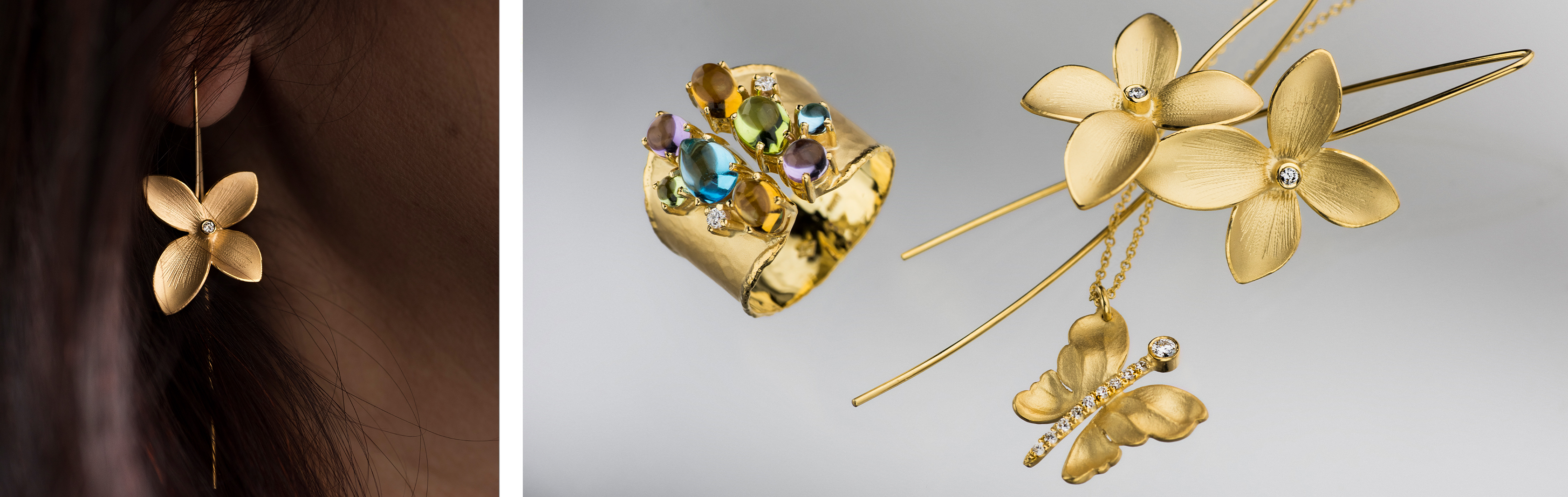 קולקציית פרח ופרפר - תכשיטי זהב 14 קראט אבני חן ויהלומים