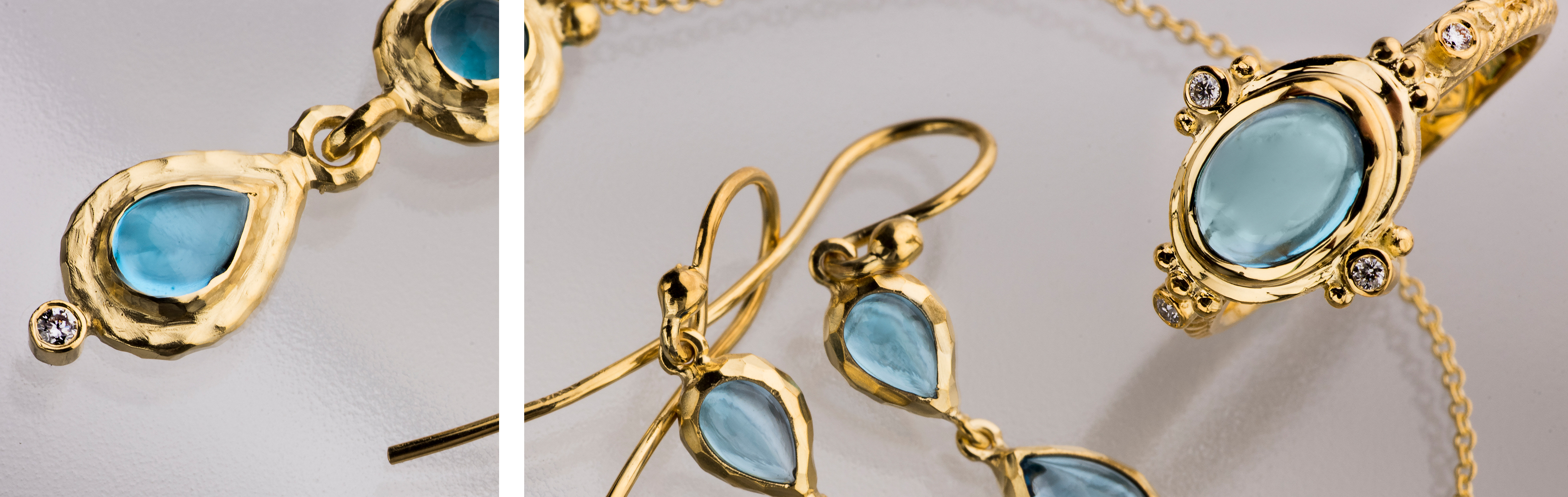 קולקציית ויקטוריה - תכשיטי זהב 14 קראט בגימור מט אבני סוויס בלו טופז ויהלום