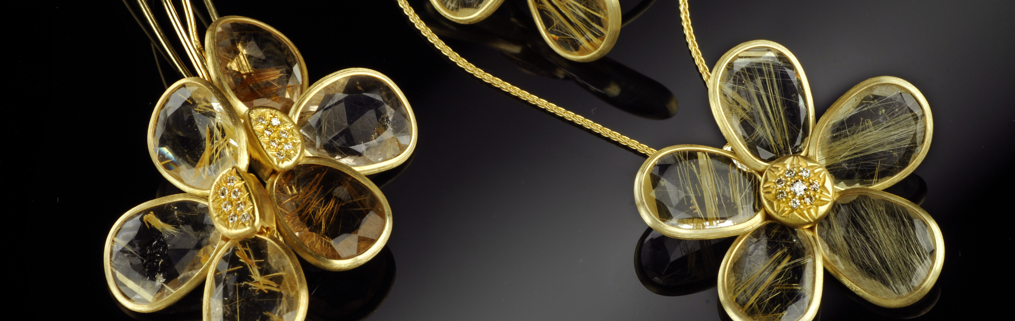 קולקציית פרח מוזהב - תכשיטי זהב 14 קראט ואבני רוטיל קוורץ ויהלום