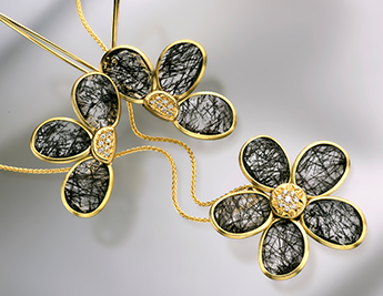 קולקציית פרח שחור - תכשיטי זהב 14 קראט רוטיל קוורץ ויהלום